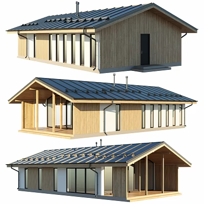 Wooden House Exterior Design With Metal Roof Porch And Large Windows 3d model