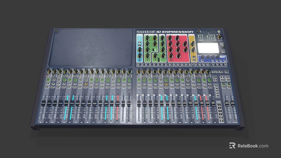 Household Audio Mixer Device Featuring Multiple Faders Knobs And Colorful Panels 3d model 