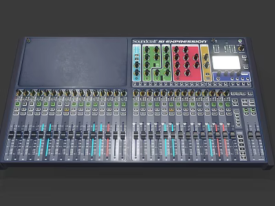 Household Audio Mixer Device Featuring Multiple Faders Knobs And Colorful Panels 3d model