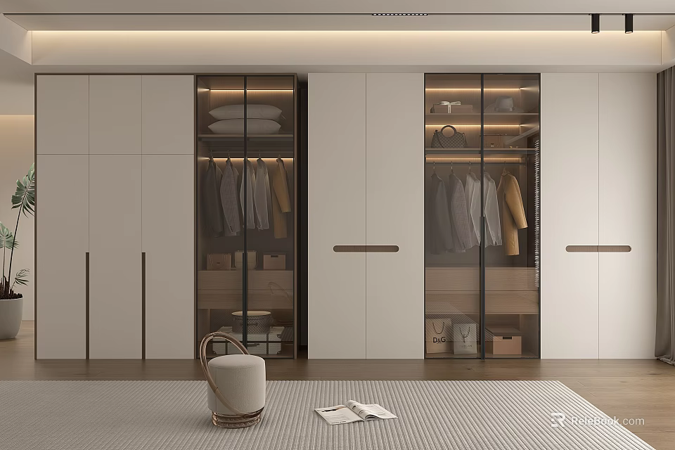 Modern White Wardrobe Design With Glass Sliding Doors And Internal Storage Shelves 3d model 