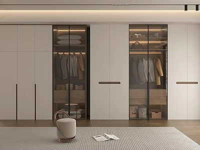 Modern White Wardrobe Design With Glass Sliding Doors And Internal Storage Shelves 3d model