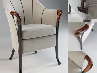 Comfortable Modern Beige Fabric Armchair With Brown Wooden Armrests And Black Frame 3d model