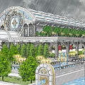 Ancient Architecture Grand Corridor With Glass Roof Decorative Columns Green Plants Fountains And Water Pools