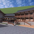 Traditional Ancient Architecture With Multi Tiered Roof Curved Eaves Courtyard And Green Hills