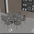 Modern Elegant Round Dining Table Set With Gray Chairs Tableware Vase Cabinets Wine Rack 3d model