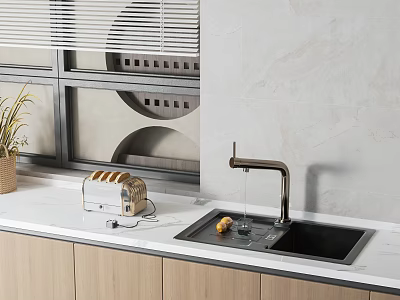 Public Facility Modern Kitchen Design With Wooden Cabinets White Countertop Brass Faucet Toaster And Plants 3d model