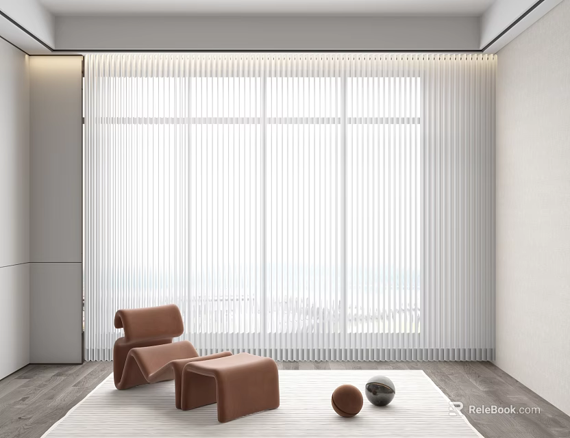 Elegant Modern Interior With White Blinds Brown Chair Ottoman Rug And View 3d model 