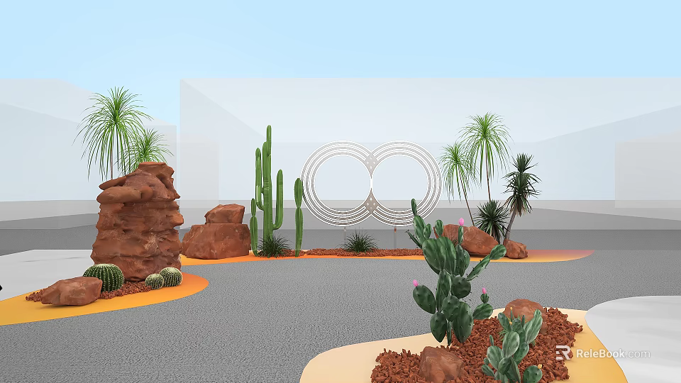Floral Art Installation With Cacti Rocks Palm Trees And Double Ring Decor 3d model 