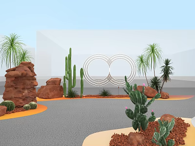 Floral Art Installation With Cacti Rocks Palm Trees And Double Ring Decor 3d model