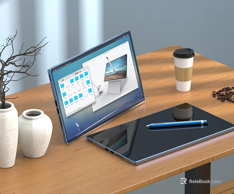 Convertible Laptop With Touchscreen Display On Wooden Desk Setup With Coffee Cup And Decorative Vases 3d model 