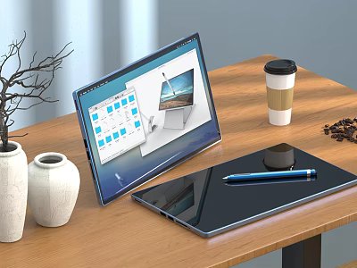 Convertible Laptop With Touchscreen Display On Wooden Desk Setup With Coffee Cup And Decorative Vases 3d model