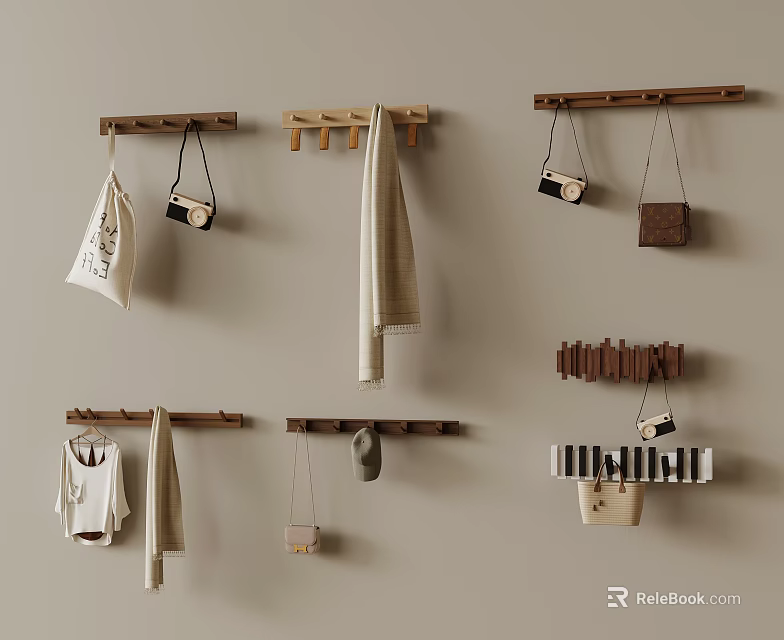 Stylish Wooden Wall Hooks With Hanging Bags Towel Top And Small Accessories 3d model 