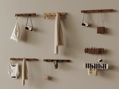Stylish Wooden Wall Hooks With Hanging Bags Towel Top And Small Accessories 3d model