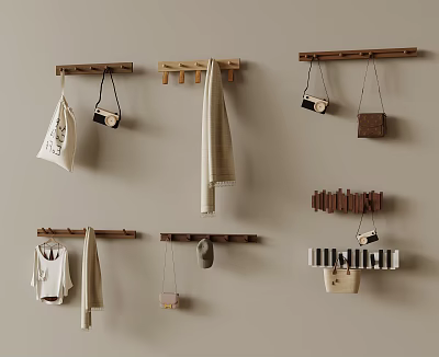 Stylish Wooden Wall Hooks With Hanging Bags Towel Top And Small Accessories 3d model