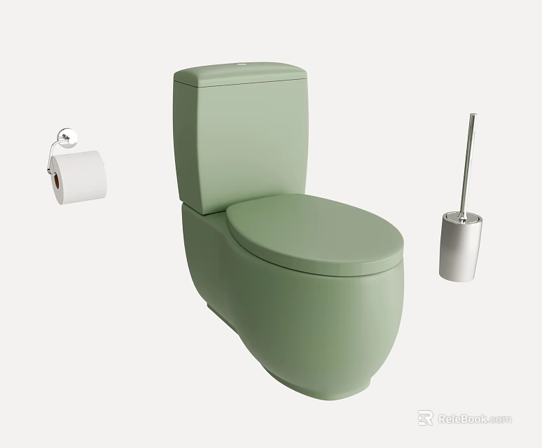 Light Green Toilet With Toilet Paper Roll And Toilet Brush In Bathroom 3d model 