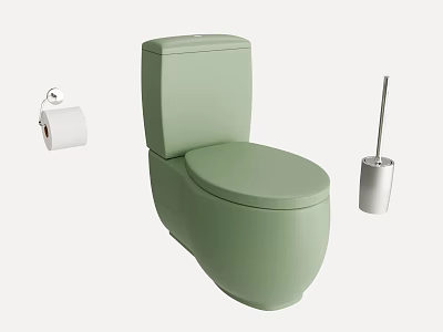 Light Green Toilet With Toilet Paper Roll And Toilet Brush In Bathroom 3d model