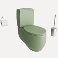 Light Green Toilet With Toilet Paper Roll And Toilet Brush In Bathroom