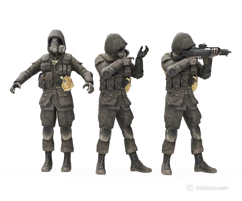 Game Movie Character In Tactical Military Uniform With Gas Mask And Combat Gear Poses 3d model 