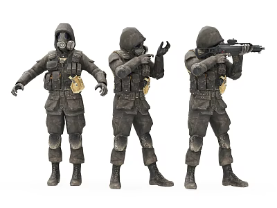 Game Movie Character In Tactical Military Uniform With Gas Mask And Combat Gear Poses 3d model