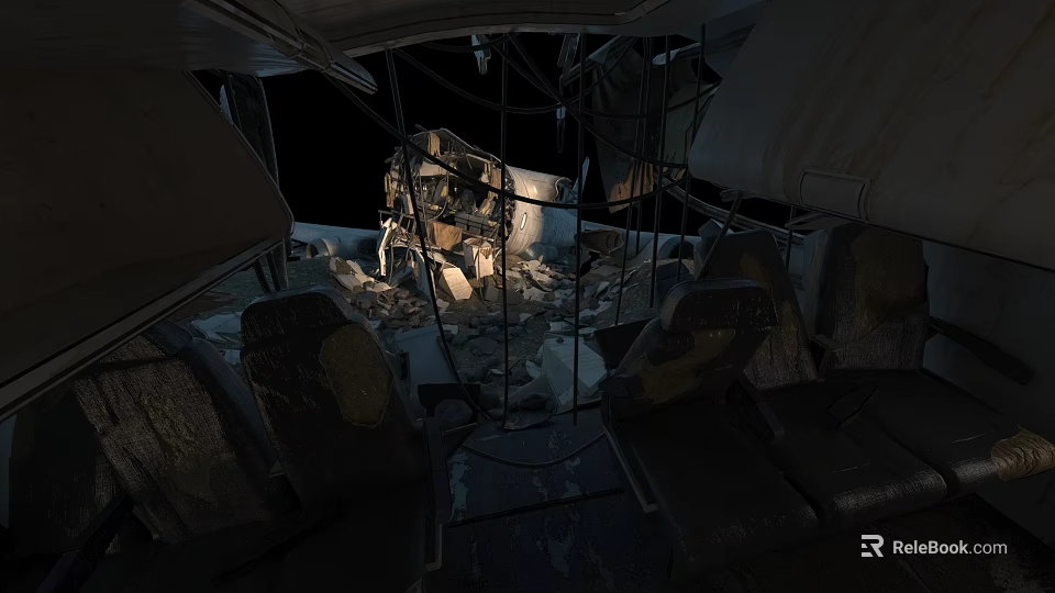 Damaged Interior With Broken Seats Debris And Twisted Metal Frames 3d model