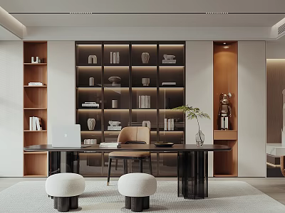 Modern Study Room With Illuminated Bookshelves Desk And Stools 3d model
