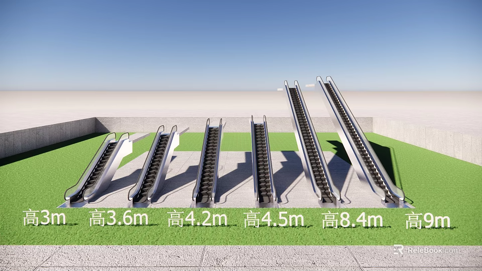 Outdoor Escalators With Various Heights Displayed On Grass And Gray Ground 3d model 