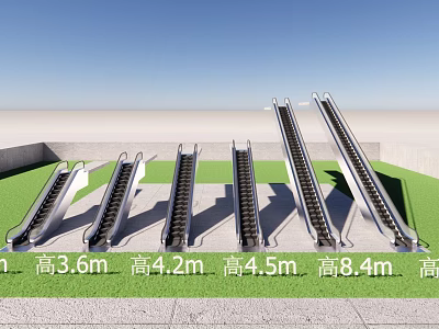 Outdoor Escalators With Various Heights Displayed On Grass And Gray Ground 3d model