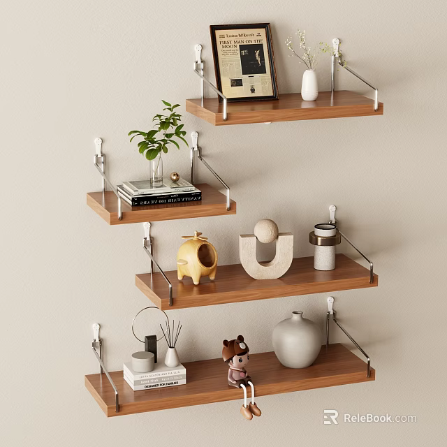 Wall Mounted Wooden Shelves With Green Plant Books Picture Frame And Decorative Ornaments 3d model 