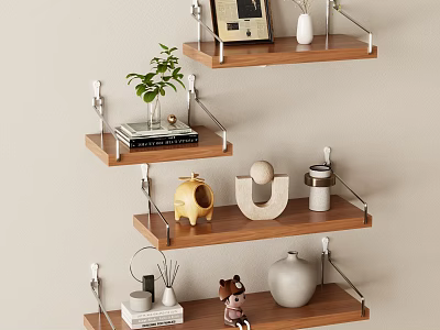 Wall Mounted Wooden Shelves With Green Plant Books Picture Frame And Decorative Ornaments 3d model