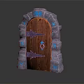 Decorative Wooden Door With Stone Frame Metal Hardware And Blue Runes