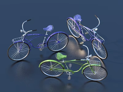 Vintage Bicycles with Purple Green Frames Blue Seats Baskets and Reflections 3d model