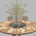Round Wooden Dining Table Set with Eight Fabric Chairs Vase and Tableware 3d model