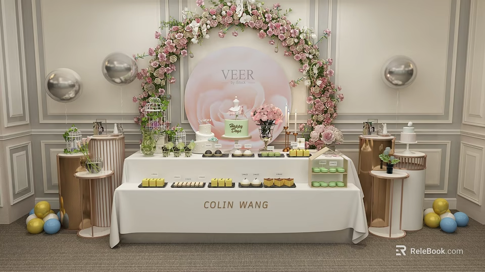 Elegant Dessert Table With Sweet Treats Pink Floral Arch VEER Sign And Silver Balloons 3d model 