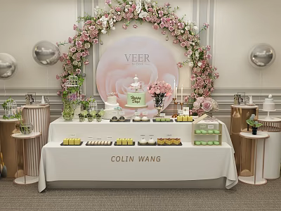 Elegant Dessert Table With Sweet Treats Pink Floral Arch VEER Sign And Silver Balloons 3d model