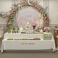 Elegant Dessert Table With Sweet Treats Pink Floral Arch VEER Sign And Silver Balloons