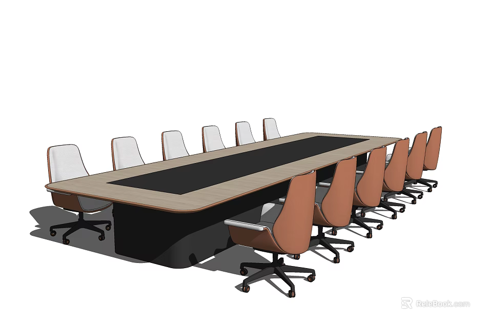 Long Rectangular Conference Table With Black Top And Multiple Rolling Office Chairs 3d model 