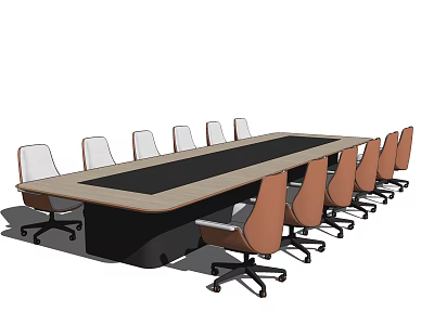 Long Rectangular Conference Table With Black Top And Multiple Rolling Office Chairs 3d model