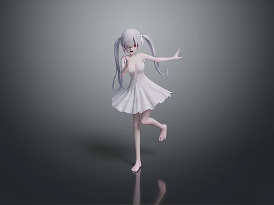 Game Movie Character Anime Style With Light Purple Twin Tails White Flowing Dress Raised Hand 3d model