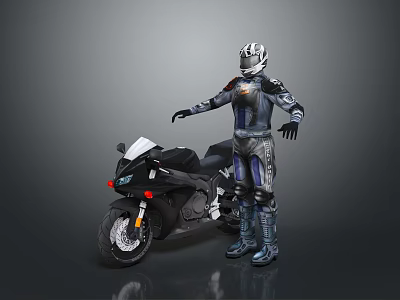Armored Character In Silver Helmet And Blue Black Armor By Black Motorcycle 3d model