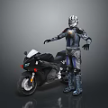 Armored Character In Silver Helmet And Blue Black Armor By Black Motorcycle
