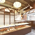 Chinese Style Dessert Shop Interior With Wooden Decor Lanterns And Display Cases Of Pastries