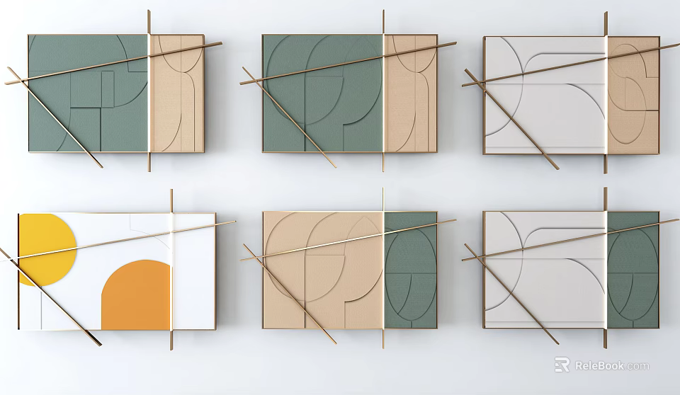 Stylish Geometric Wall Decor With Green Beige White Orange Colors And Crossed Lines 3d model 