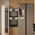 Modern Wooden Restaurant Interior With Arched Shelves Kitchen Appliances Dining Table And Chairs