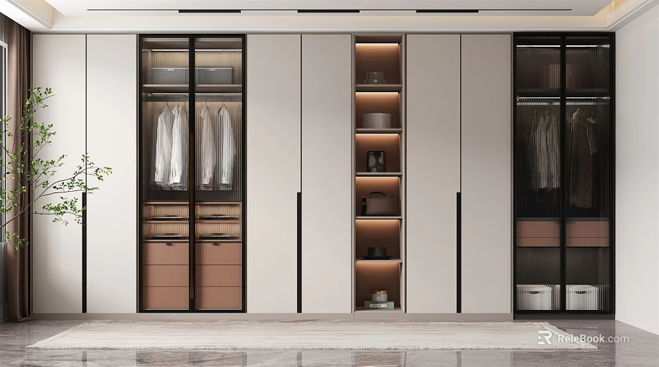 Modern Wardrobe Interior Design With Glass Doors Drawers And Shelves Lighting 3d model 