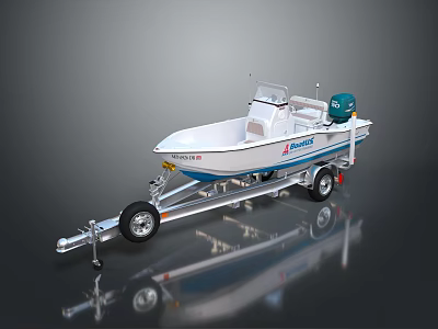 White Tracker Boat With Aluminum Trailer Blue Outboard Motor On Reflective Surface 3d model