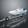 White Tracker Boat With Aluminum Trailer Blue Outboard Motor On Reflective Surface
