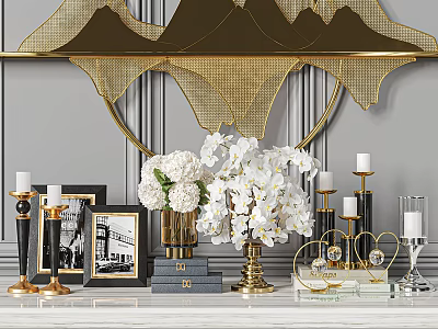 Elegant Modern Decorative Ornament Set With Metallic Vases White Flowers Candles And Frames 3d model