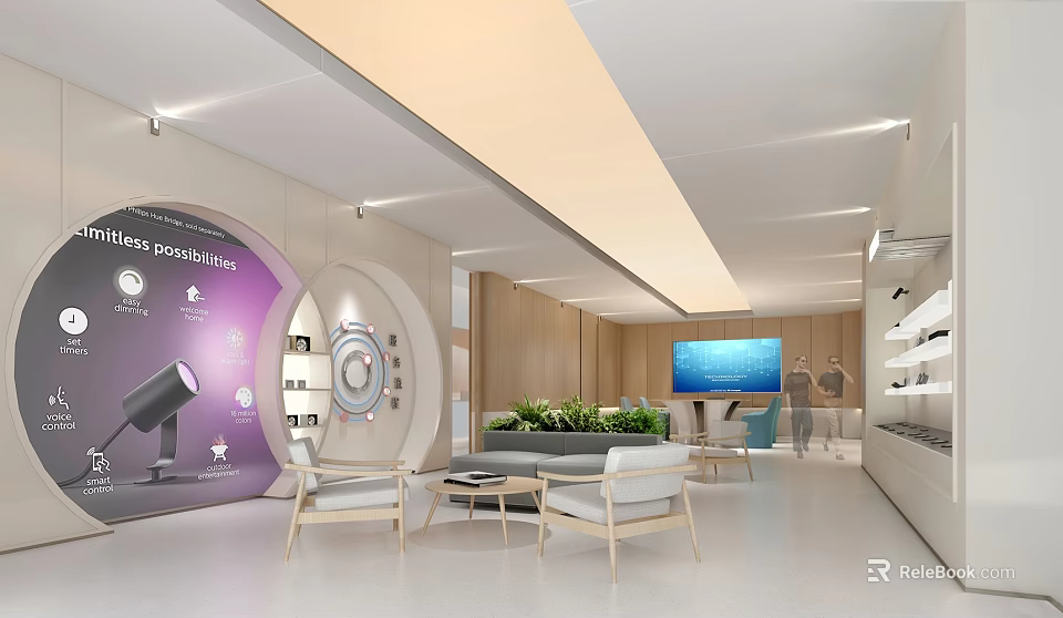 Lounge Area Interior Design With Comfortable Chairs Tables Green Plants Blue Screen And Display Shelves 3d model 
