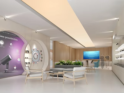 Lounge Area Interior Design With Comfortable Chairs Tables Green Plants Blue Screen And Display Shelves 3d model