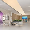 Lounge Area Interior Design With Comfortable Chairs Tables Green Plants Blue Screen And Display Shelves